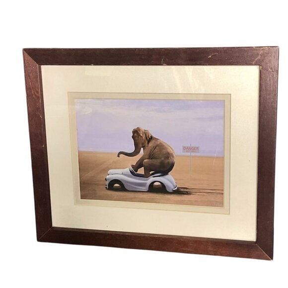 Framed Elephant On Toy Car Art Print In Wooden Frame With Beige Matting - Picture 4 of 11